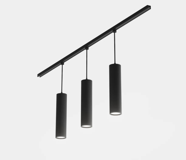 Track spot lights 3d render. Modern black metal tube LED lamps, realistic mockup hanging cylinder spotlights for loft style interior design home or office isolated on white background