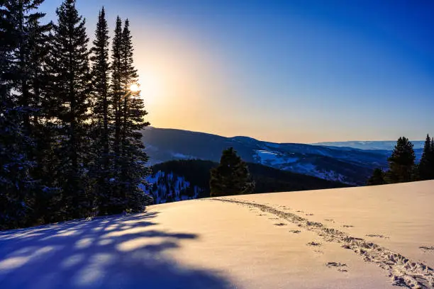 Scenic Mountains with Fresh Snow Long Shadows and Ski Track - Vail, Colorado high mountain ridge view with late afternoon sunset light.