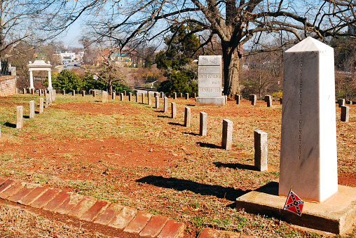 Marietta, GA, USA February 28 granite tombstones mark the graves of Confederate soldiers killed in the American Civil War in marietta Georgia