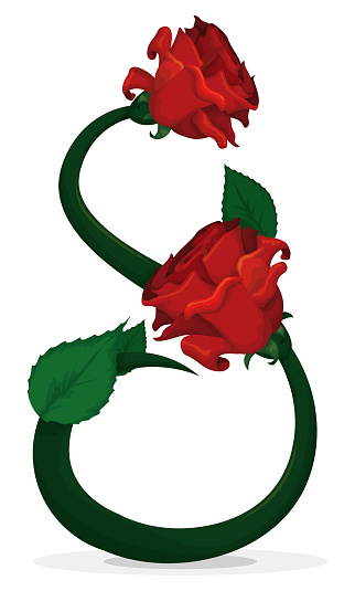 Abstract number eight with long, green stem, leaves and red roses to commemorate Women's Day on March 8.