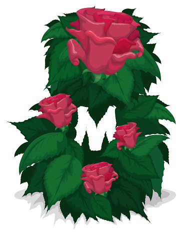 Giant number eight decorated with green leaves, pink roses and letter M to commemorate Women's Day on March 8.