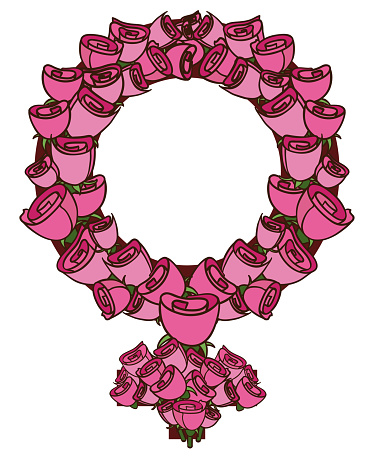 Isolated design of female or Venus symbol made with pink roses, in flat style and outlines.