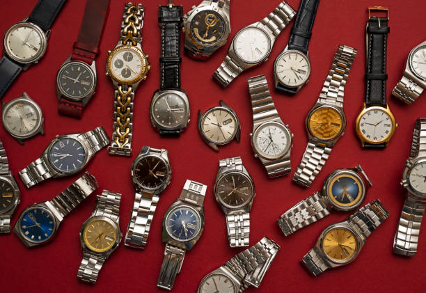 istock Group of vintage automatic and quartz watches on red background 1470856688