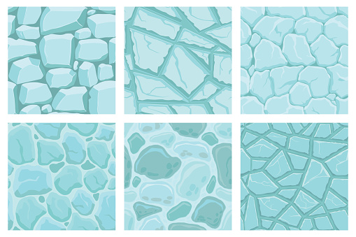 Cartoon game textures, ice surface seamless patterns. Game assets walls and environment backgrounds.