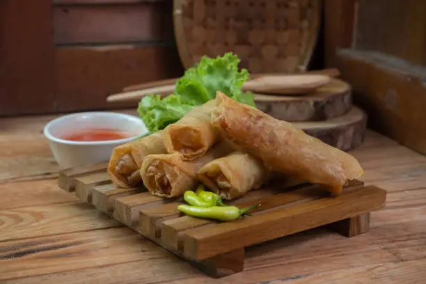 Selective focus on the lumpia or lunpia is a typical snack from Java in Indonesia, in English it is often called spring rolls, soft focus