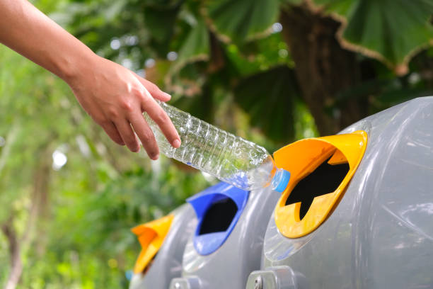 istock Please throw plastic bottles in the bin. Man littering the bins by separating waste for disposal such as recyclable plastic waste. environmental concept 1470862372