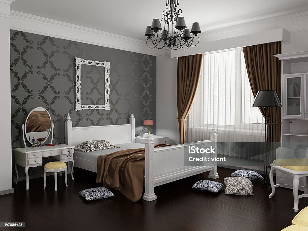 modern bedroom interior modern bedroom interior in classic style (3D rendering) Apartment Stock Photo