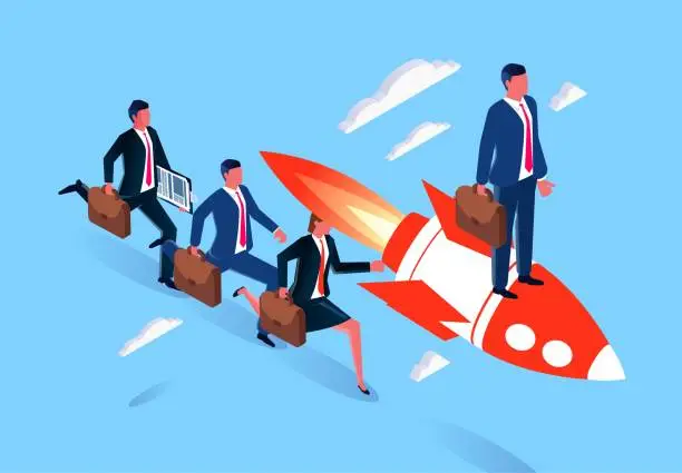 Vector illustration of Advantage, unique personal skills or business advantages help businessmen to succeed in the competition, equidistant businessmen stand on a flying rocket to fly and quickly overtake colleagues