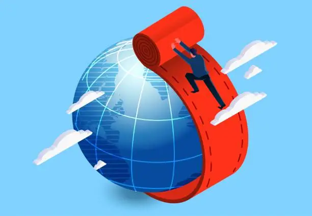 Vector illustration of Open up and develop global business markets and businesses, create a path to success, isometric businessmen drive the red carpet on the planet.