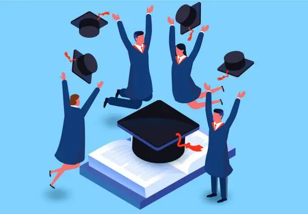 Vector illustration of Graduation, completion of a degree or training, educational knowledge to help improve academic or vocational skills, isometric four people jumping and cheering around isometric graduation caps and books