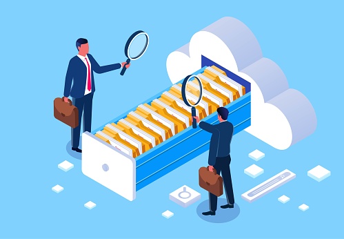 Computer cloud database sharing, file storage and search, business technology services and support, isometric businessman with a magnifying glass searching and storing files inside an open drawer in the cloud.