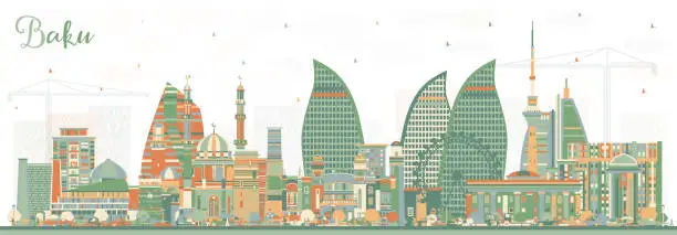 Vector illustration of Baku Azerbaijan City Skyline with Color Buildings. Vector Illustration. Baku Cityscape with Landmarks.