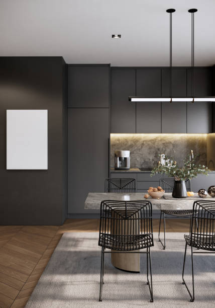 istock Modern luxury room interior design and decoration with built in black kitchen counter and cabinets, parquet floor. 3d rendering vertical. 1470867485