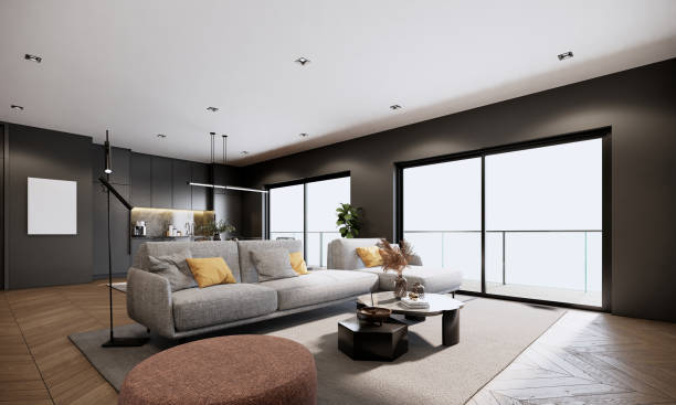 istock modern apartment, room interior design 3D rendering architectural. living room with sofa black walls and parquet floor. 1470867486