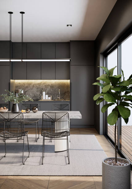 istock 3d rendering vertical. Modern luxury room interior design and decoration with built in black kitchen counter and cabinets, parquet floor. 1470867493