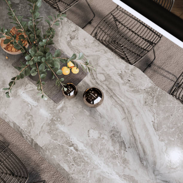 istock 3d rendering. top view close up dining table on wooden parquet floor interior design room decoration. 1470867498