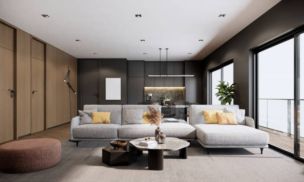 istock modern room interior 3D rendering architectural. living room with sofa wood walls and parquet floor. beautiful apartment design. 1470867507