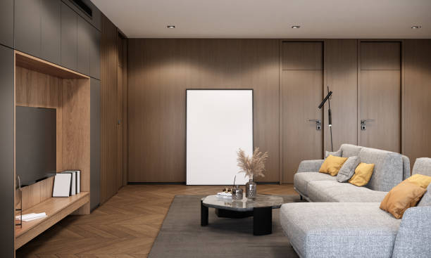 istock Modern room interior design and decoration with fabric sofa round coffee table and orange stool in living room, built in tv, apartment ideas. 3d rendering. 1470867512