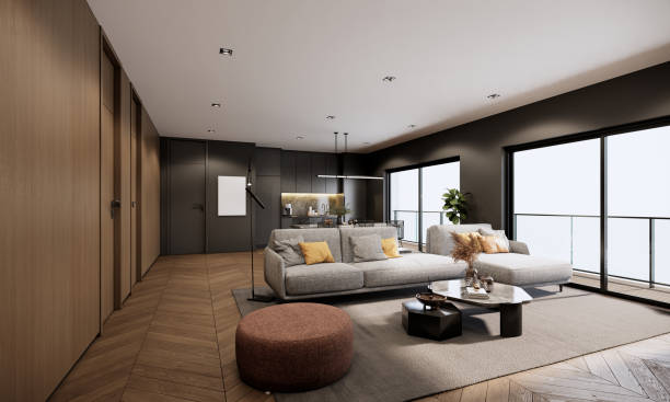 istock Modern room interior design and decoration. Fabric beige color sofa with grey and yellow pillows, grey carpet and wooden parquet floor. 3d rendering high floor apartment with balcony. 1470867516