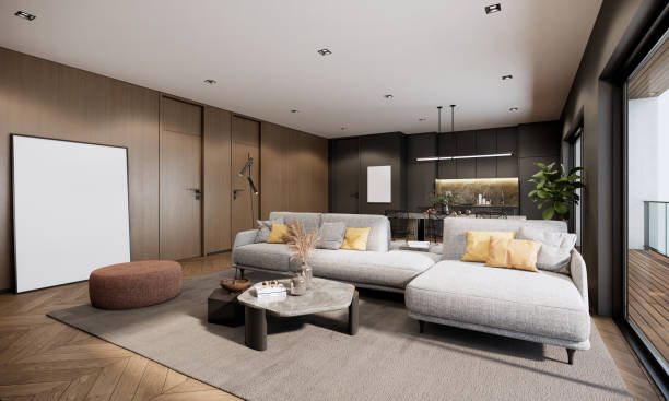 istock modern apartment, room interior design 3D rendering architectural. living room with sofa wood walls and parquet floor. 1470867520