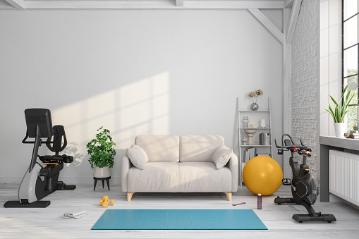 Training At Home With Exercise Bike, Fitness Ball And Exercise Mat.\nLiving Room Interior With Sofa And Sports Equipment
