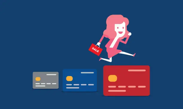Vector illustration of Businesswoman jumping over credit cards