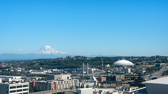 Downtown Tacoma, Washington with Mount Rainier in background on a clear day.