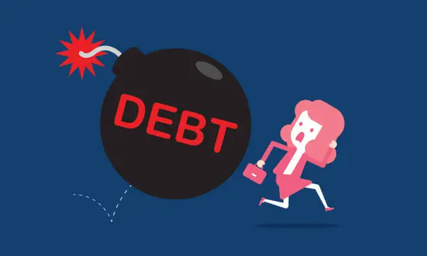 Vector illustration of Businesswoman running away from debt