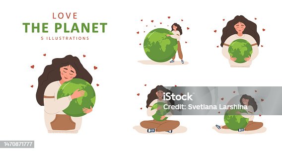 istock Love the planet. Smiling woman hugs Earth globe with care and love. International Mother Earth day. Caring for Nature and environment. Set of vector ecological illustrations in flat cartoon style 1470871777