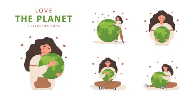 Vector illustration of Love the planet. Smiling woman hugs Earth globe with care and love. International Mother Earth day. Caring for Nature and environment. Set of vector ecological illustrations in flat cartoon style