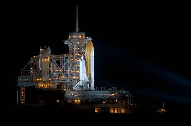 Photo of Space Shuttle Endeavour at night on Launchpad 39A