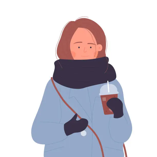 Vector illustration of Girl in winter clothes drinks takeaway coffee