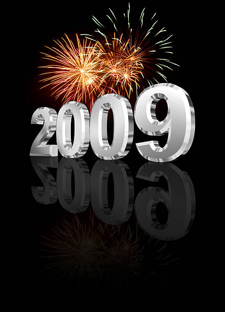 Chrome 2009 with Fireworks Bevelled Chrome 2009 with firework above on black night sky with reflection below. Bottom portion is faded to allow for text for advertising, posters, cards ect 2009 stock pictures, royalty-free photos & images
