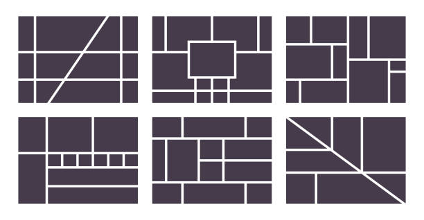 Photo collage template, empty black mockup for photo montage. Photo frame collection or moodboard, mosaic pictures gallery for presentation, vector illustration Photo collage template, empty black mockup for photo montage. Photo frame collection or moodboard, mosaic pictures gallery for presentation, vector illustration. comic book page layout stock illustrations
