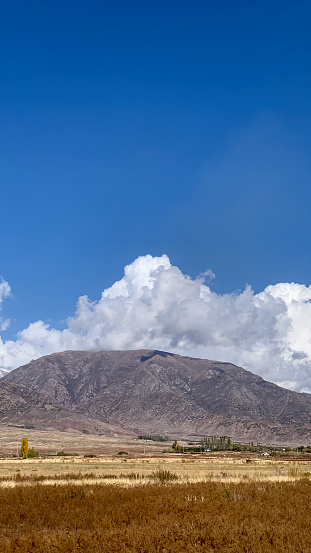 A tourist view at the mountains in the distance un a warm sunny day.  Calming view at the mountain with a dry field in the foreground for a treveling and soitude concept