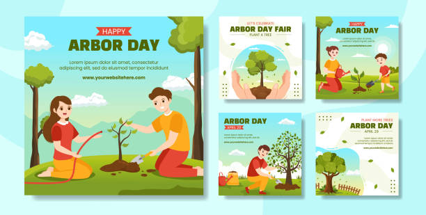 Happy Arbor Day Social Media Post Flat Cartoon Hand Drawn Templates Background Illustration Happy Arbor Day Social Media Post Flat Cartoon Hand Drawn Templates Background Illustration Arbor Day stock illustrations