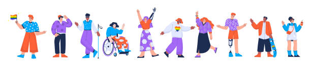 ilustraciones, imágenes clip art, dibujos animados e iconos de stock de personas diversas con discapacidad, personas lgbt - light waving rainbow vector
