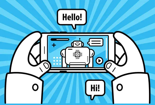 Vector illustration of Interacting with an artificial intelligence chatbot via a smartphone