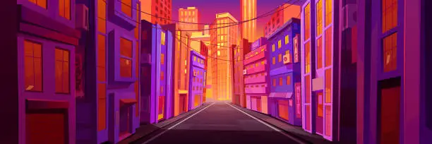 Vector illustration of Empty morning city street at sunrise