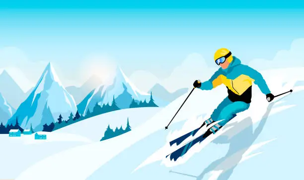 Vector illustration of Advanced skiers slides near the mountain downhill. Cross-country skiers. Sports descent on skis from the mountain. Vector illustration