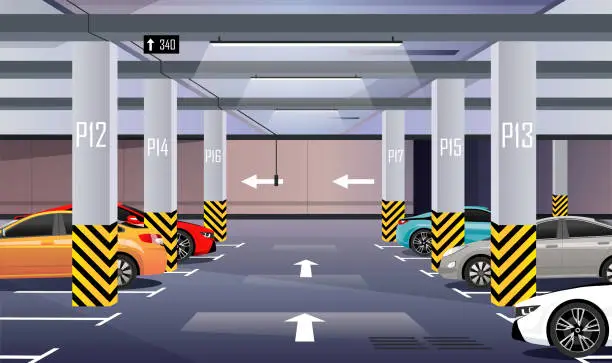 Vector illustration of Cars are parked in the underground car park in the business center or shopping and entertainment center. Parking place. Vector illustration