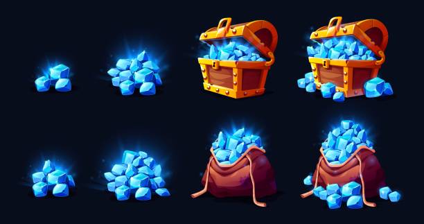 stockillustraties, clipart, cartoons en iconen met treasure chest and bag with gem stones game icons - antiquities