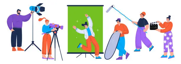 Vector illustration of Film crew record movie with actress playing role