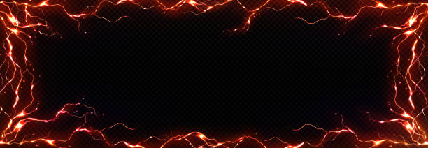Realistic orange lightning frame png Realistic orange lightning frame png isolated on transparent background. Vector illustration of rectangular border decorated with bolt, electric discharge, flashing light effect. Magic power design red frame stock illustrations