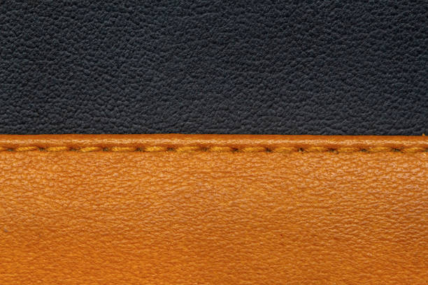 stitching details on brown and black leather - seam macro rough striped imagens e fotografias de stock