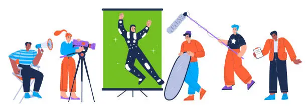 Vector illustration of Film crew record movie with camera, green screen