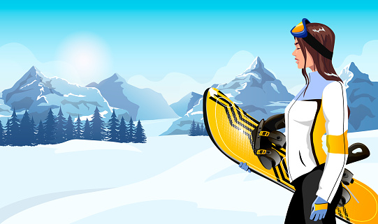 Beautiful female snowboarder on the snowy slope of the winter resort. A woman snowboarder with sports equipment and a ski suit. Against the background of the blue sky and the sun. Vector illustration