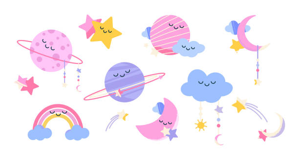 ilustraciones, imágenes clip art, dibujos animados e iconos de stock de decoración de guardería con linda luna, arco iris, nubes - child preschool backgrounds baby