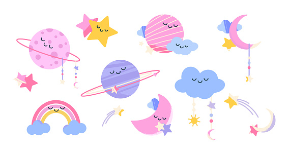 Baby room, nursery decoration with cute moon, rainbow, clouds, planets and stars. Pastel clipart in boho style for kids room with moon and stars characters, vector cartoon set