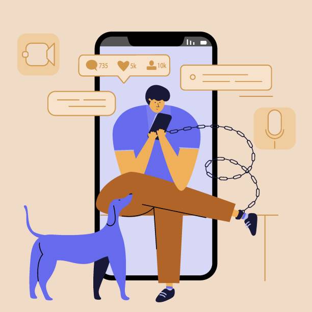 The man with dog touch mobile phone and chatting, talk in virtual social network or watch online news, stories, video, and play in games. The persons have got phone addiction, FOMO, device bad habit. The vector illustration man with dog and friend touch mobile phone and chatting, talk in virtual social network or watch online news, stories, video. The persons have got phone addiction, FOMO, device bad habit. SAVE YOURSELF, will be free. This is vector illustration was made in hand drawn art. smart phone technology lifestyles chain stock illustrations
